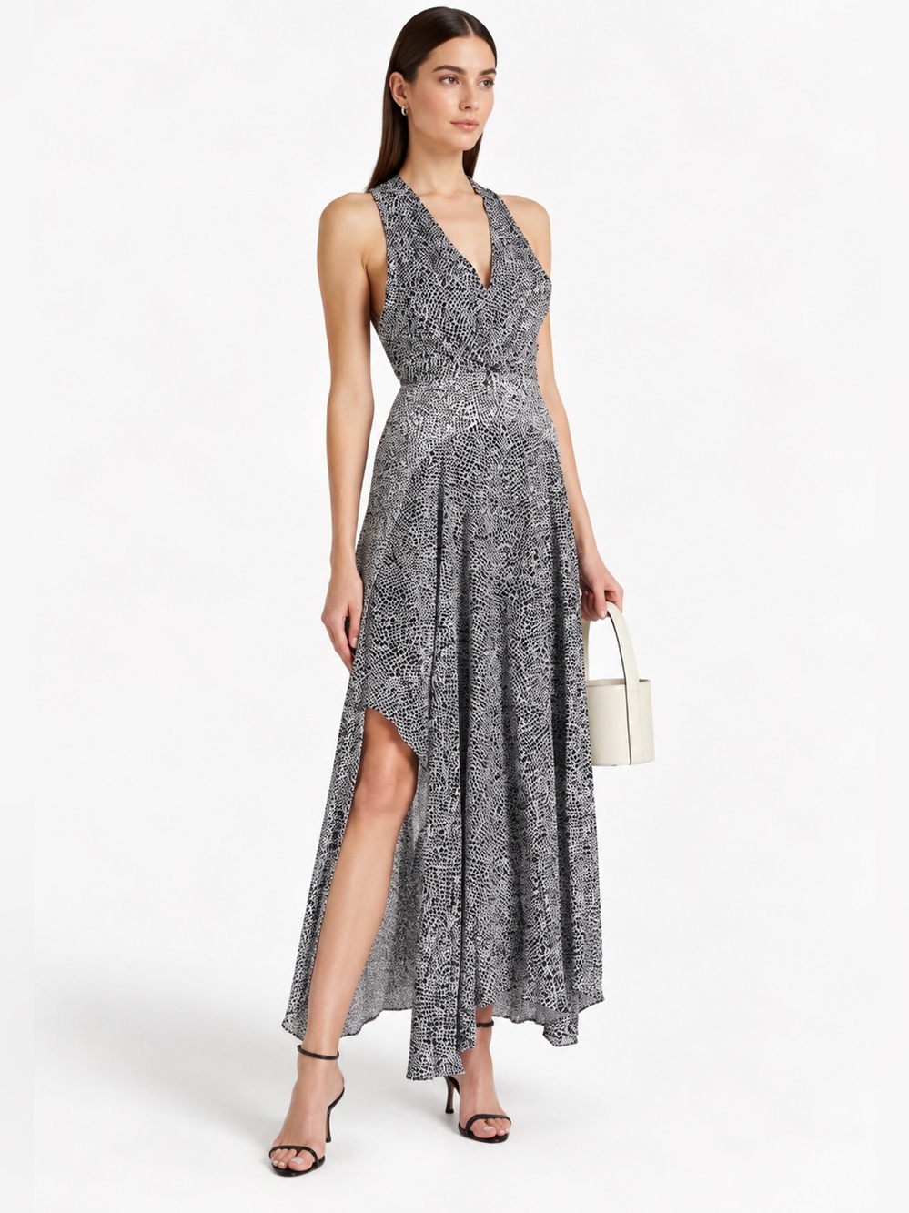 Maje Paris Halter Open Back Maxi Dress Animal Print Flowing Black White 36